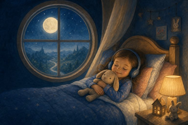 Ein Kind liegt mit Kopfhörern und Kuschelhase im Bett, durchs Fenster scheint der Vollmond