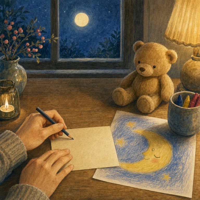 Hände schreiben bei Lampenlicht eine Karte, daneben eine Kinderzeichnung vom Mond